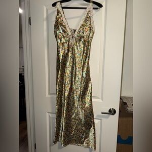 wild fable Satin Floral Slip Dress with Lace Trim - Green/Yellow/Orange